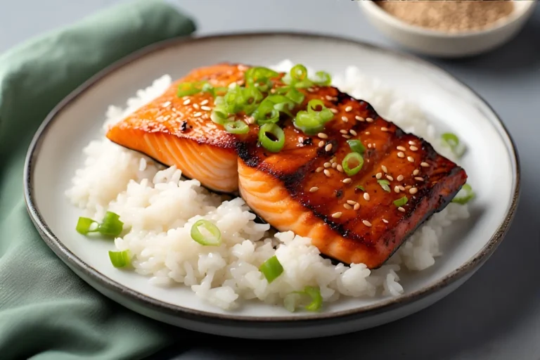 Glazed teriyaki salmon fillet on white rice, topped with sesame seeds and green onions on a white plate with dark rim