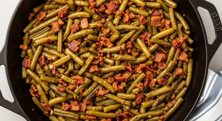 Close-up overhead view of tender chopped green beans and crispy bacon in a cast iron skillet, showcasing caramelized edges and savory glaze