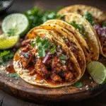 BBQ Chicken Tacos served with avocado and lime
