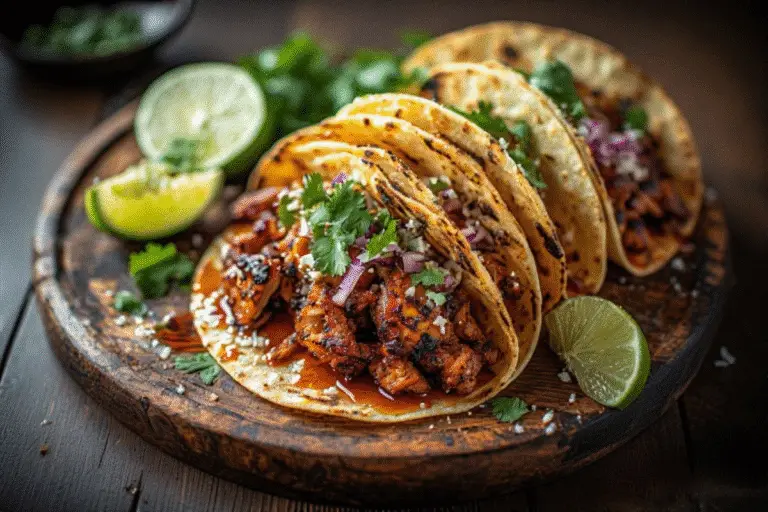 BBQ Chicken Tacos served with avocado and lime