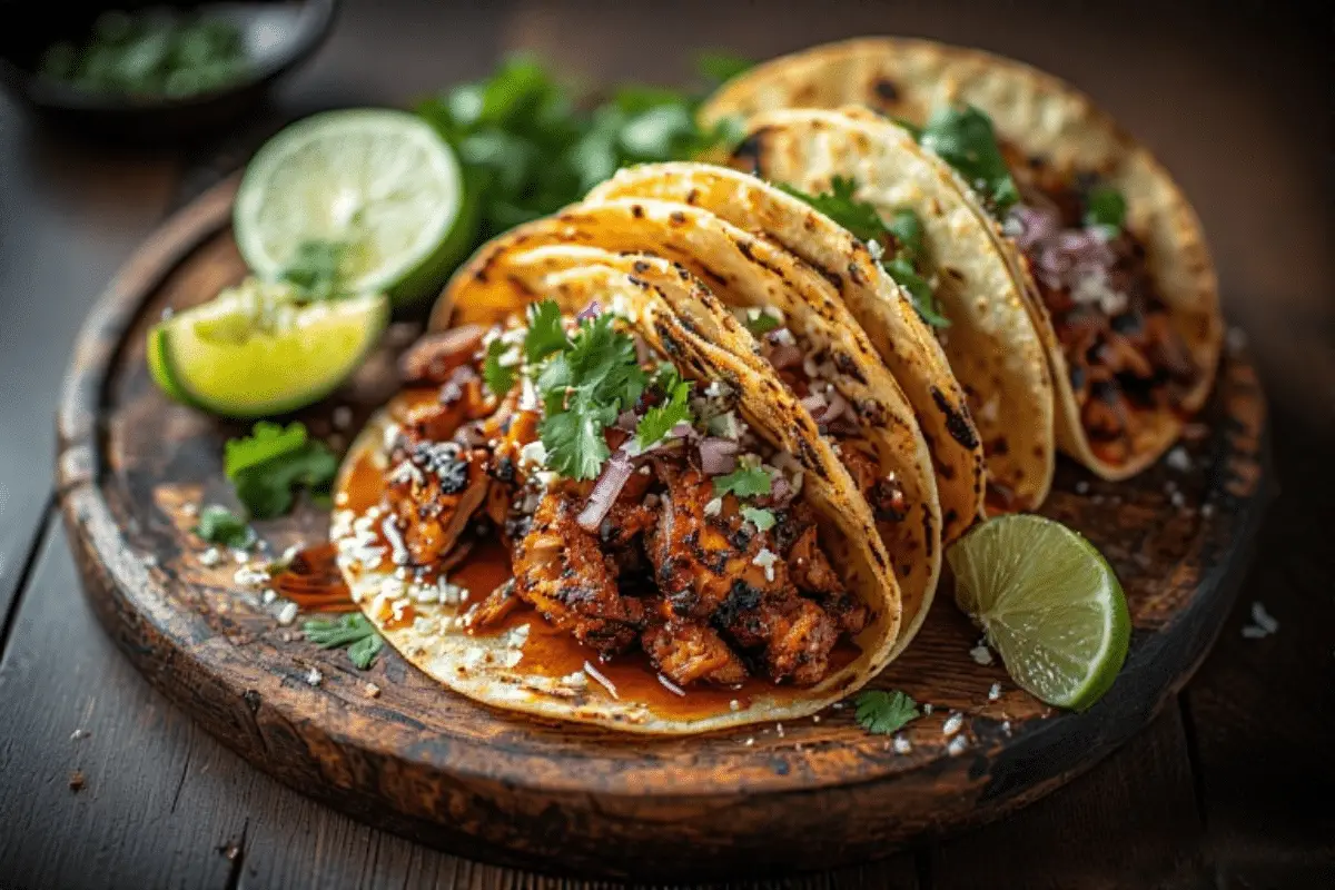 BBQ Chicken Tacos served with avocado and lime
