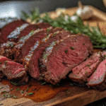 sous vide beef tenderloin sliced on board