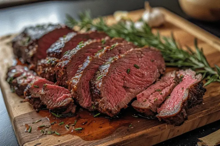 sous vide beef tenderloin sliced on board