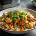 Instant Pot chicken and rice in a bowl with fresh garnish
