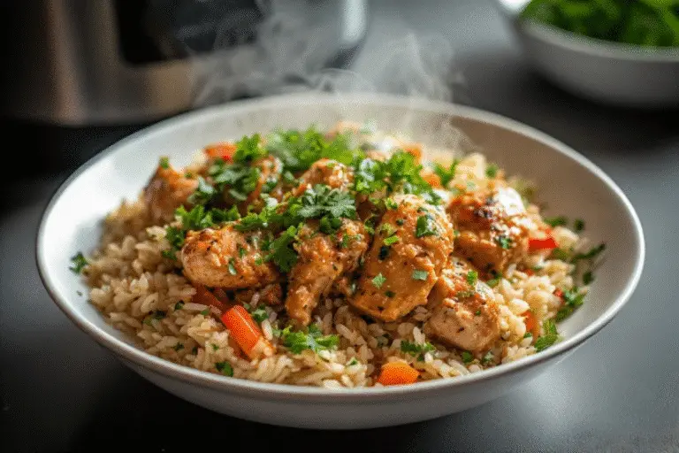 Instant Pot chicken and rice in a bowl with fresh garnish