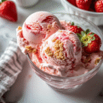 Scoop of strawberry cheesecake ice cream in a waffle cone