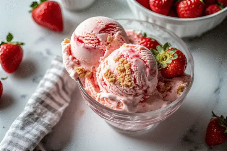 Scoop of strawberry cheesecake ice cream in a waffle cone