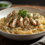 creamy chicken Alfredo recipe with sliced chicken and parsley
