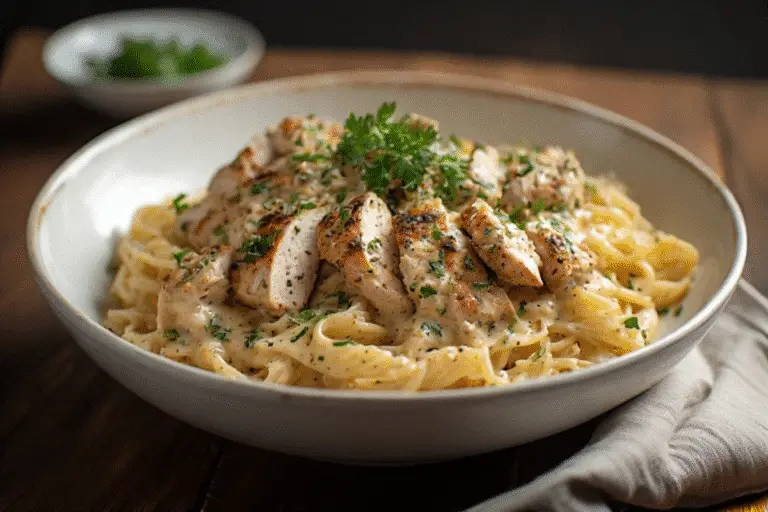 creamy chicken Alfredo recipe with sliced chicken and parsley
