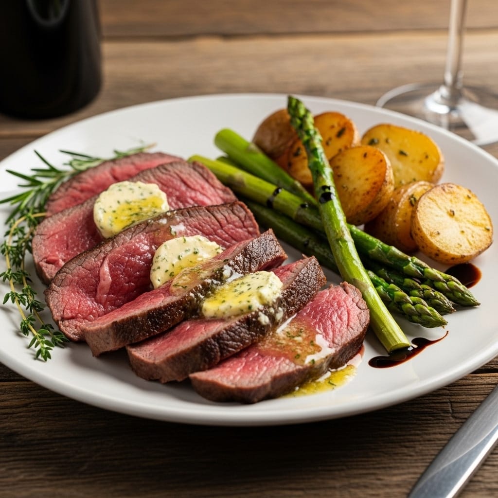 plated sous vide ribeye with sides