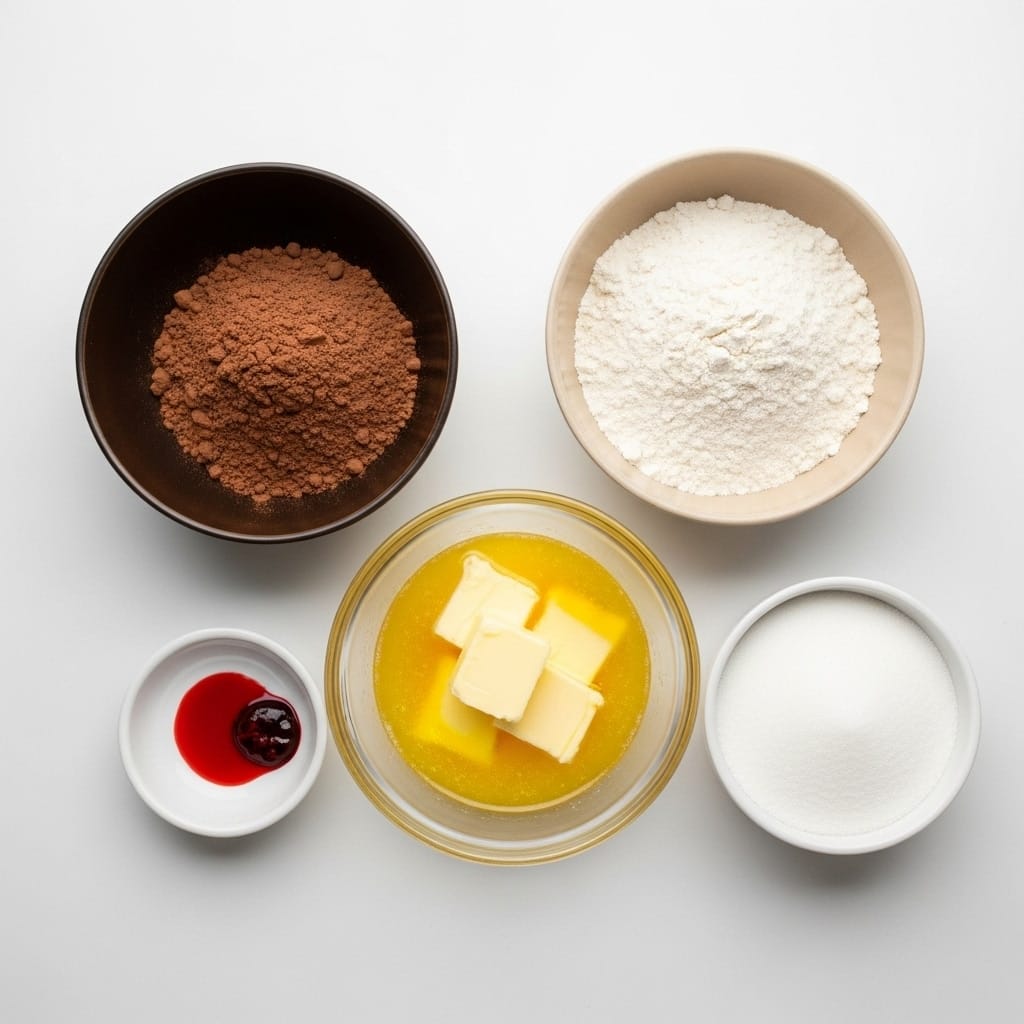 Ingredients for red velvet brownies arranged in bowls