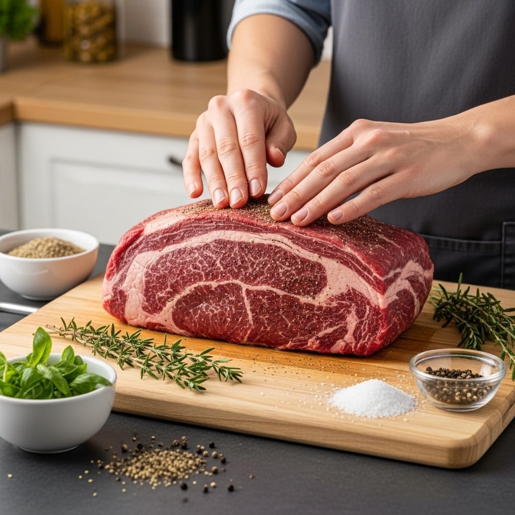 Tri tip roast being seasoned before sous vide