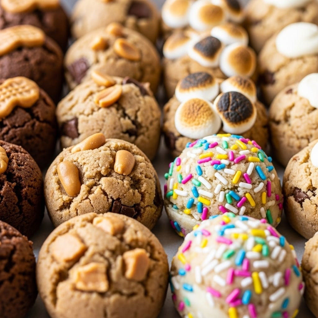 Flavor variations of cookie dough bites on serving tray
