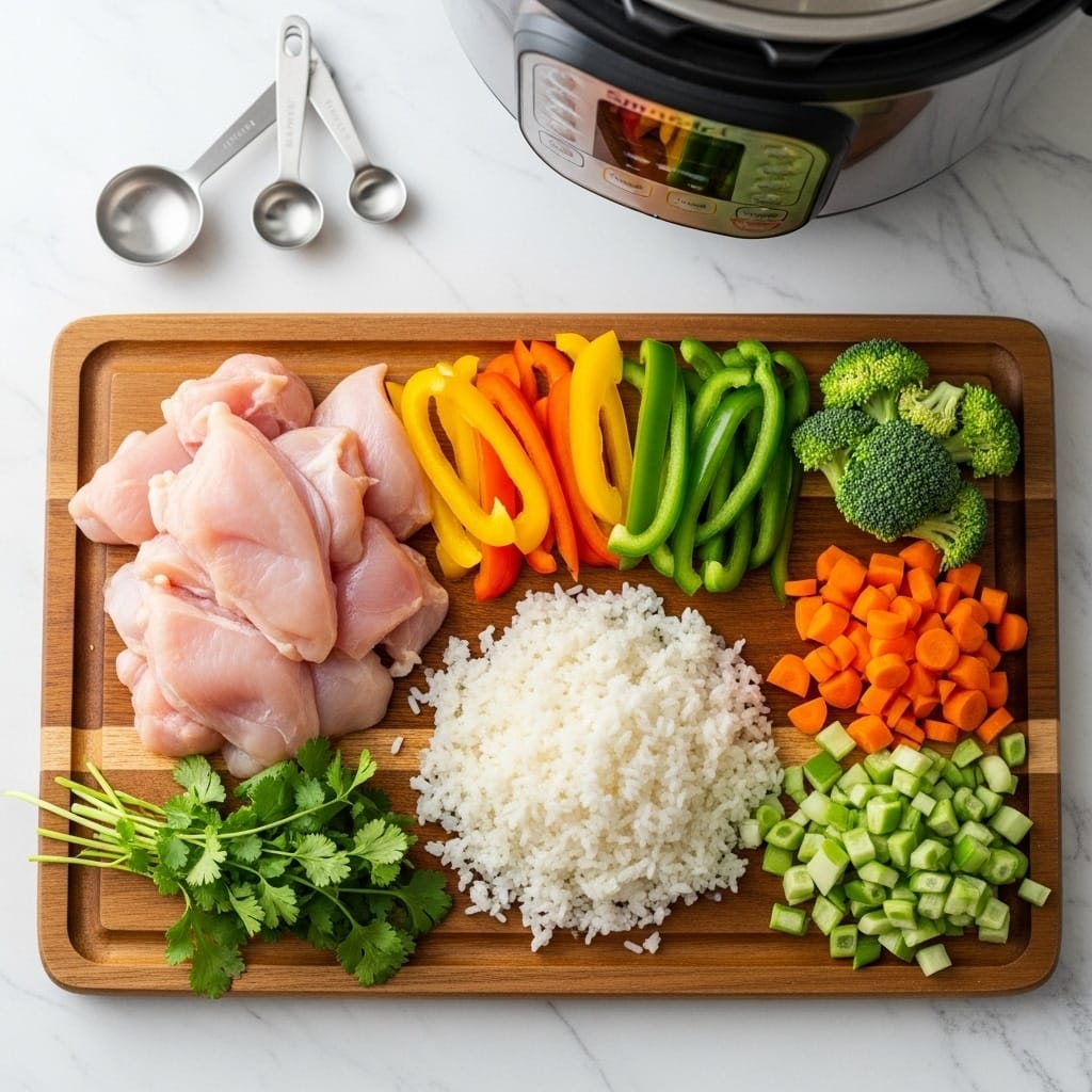Instant Pot chicken and rice ingredients laid out on board