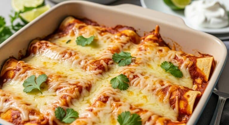 Baked chicken enchilada recipe with melted cheese and cilantro