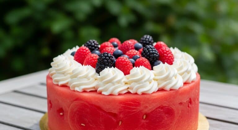 Watermelon cake topped with whipped cream and berries