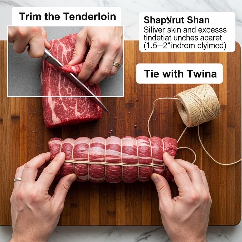 center-cut sous vide beef tenderloin prepped with twine