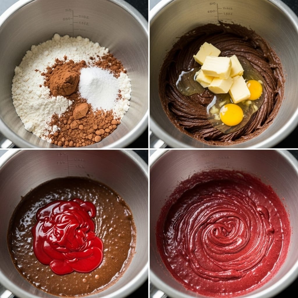 Swirling red food coloring into brownie batter