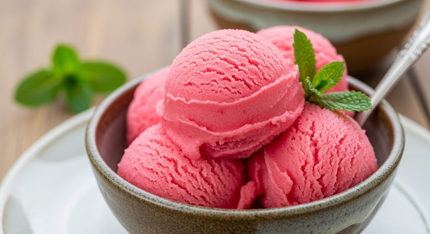 Watermelon sorbet served in a ceramic bowl with mint