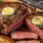 juicy sous vide ribeye steak on cutting board