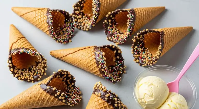 homemade ice cream cones on rustic tray