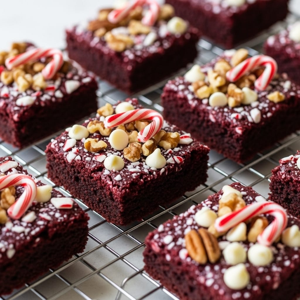 Topping ideas for red velvet brownies on a cooling rack