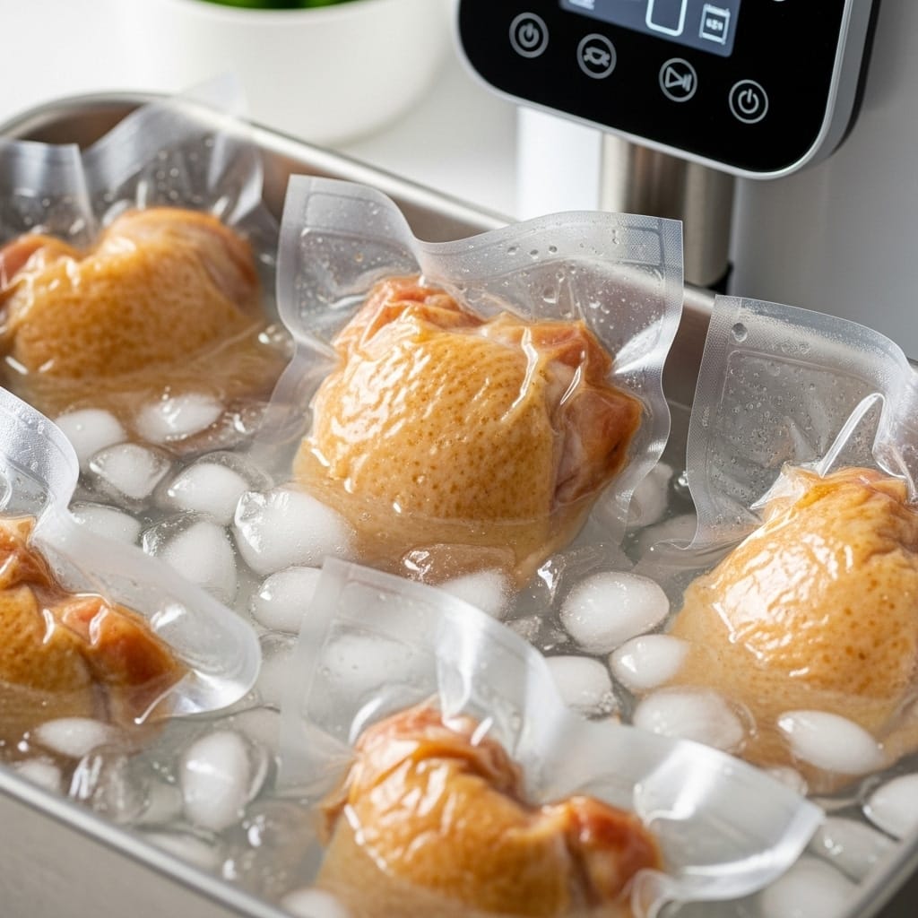 sous vide chicken thighs cooling in ice bath