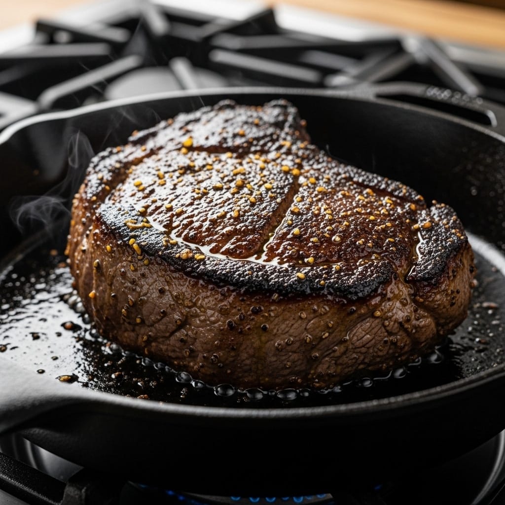 Searing sous vide tri tip in hot skillet