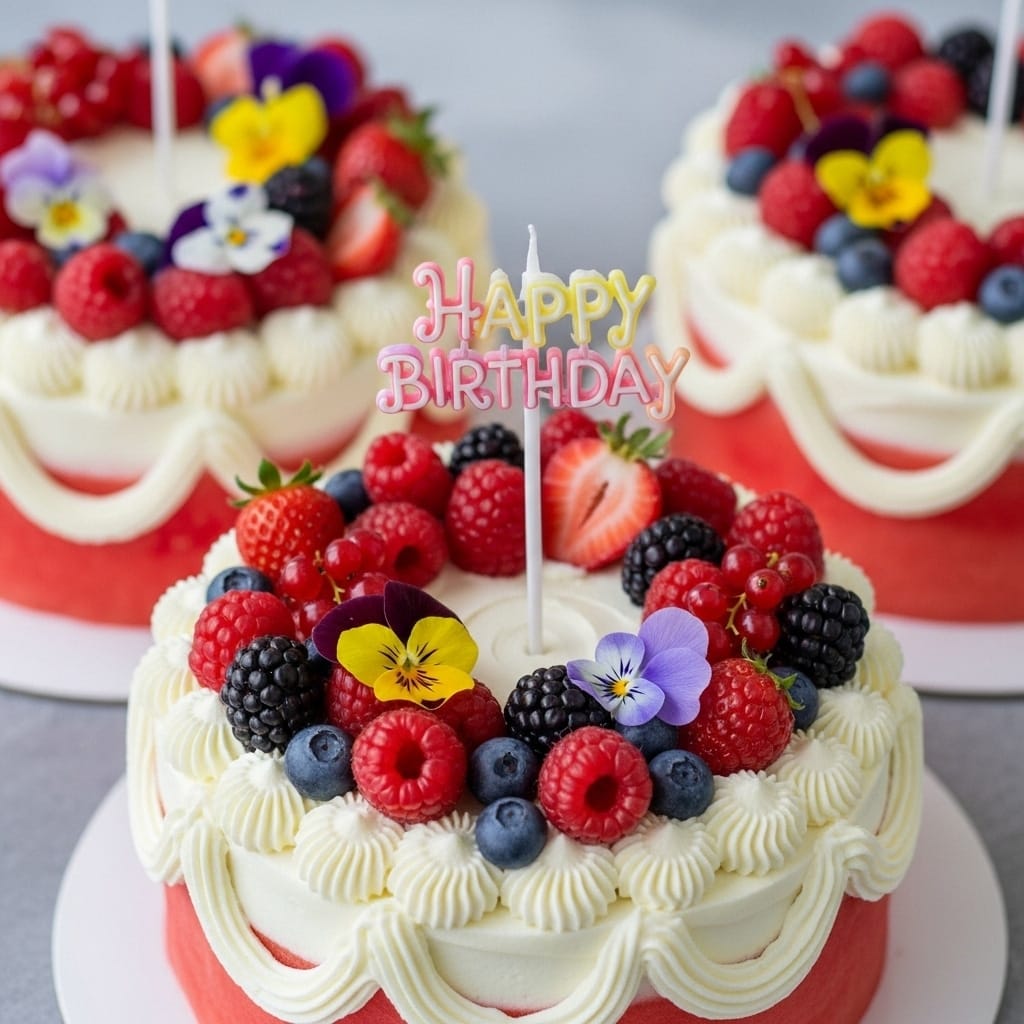 Watermelon birthday cake with flowers and berries