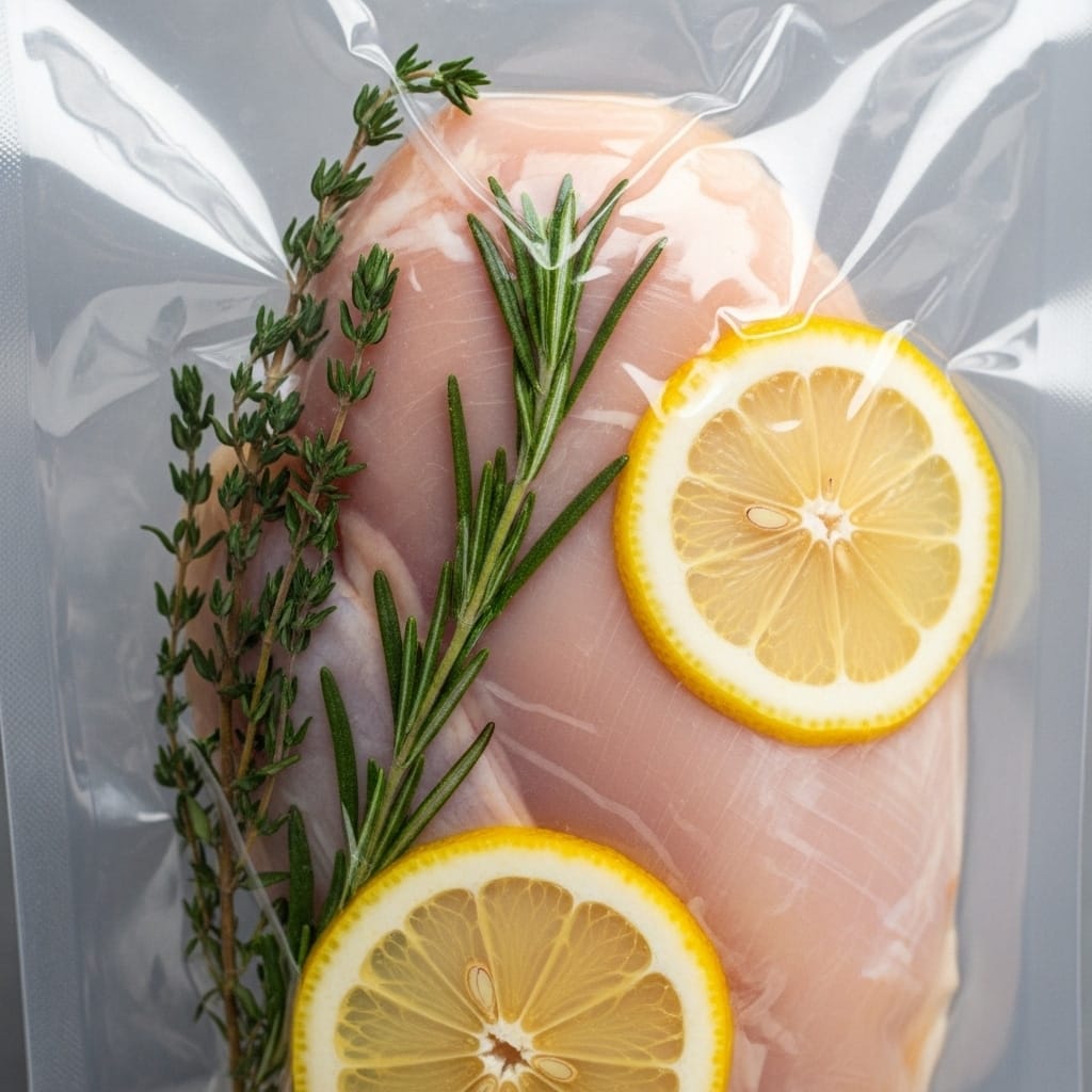 Vacuum sealed sous vide chicken breast with herbs