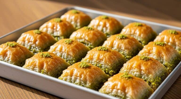 Close-up of flaky homemade pistachio baklava with syrup drizzle
