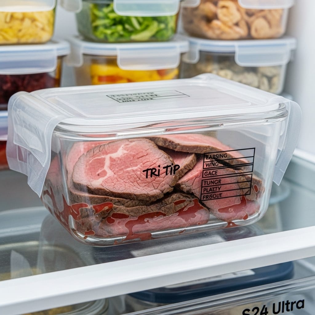 Sous vide tri tip slices stored in meal prep container