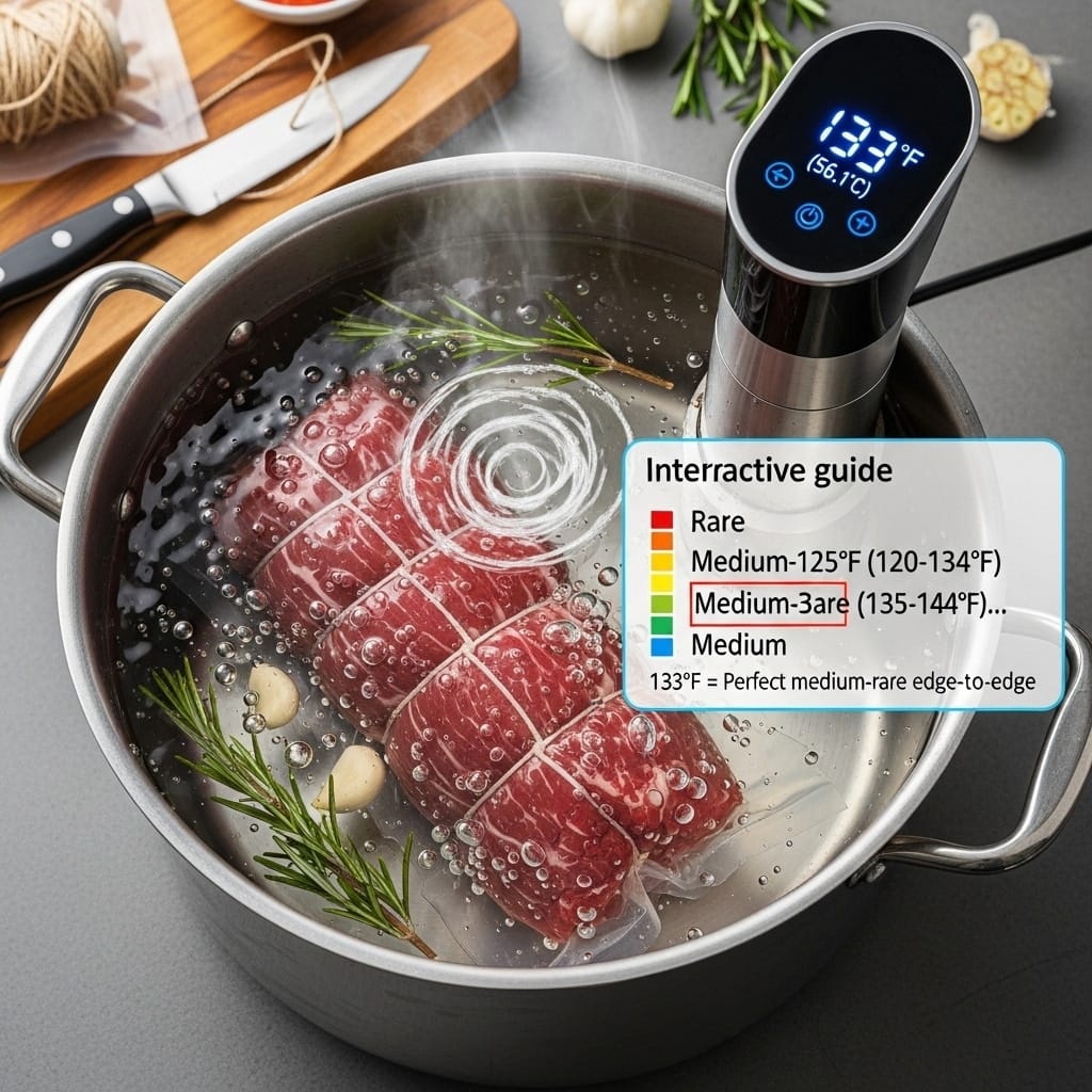 beef tenderloin in sous vide water bath with circulator