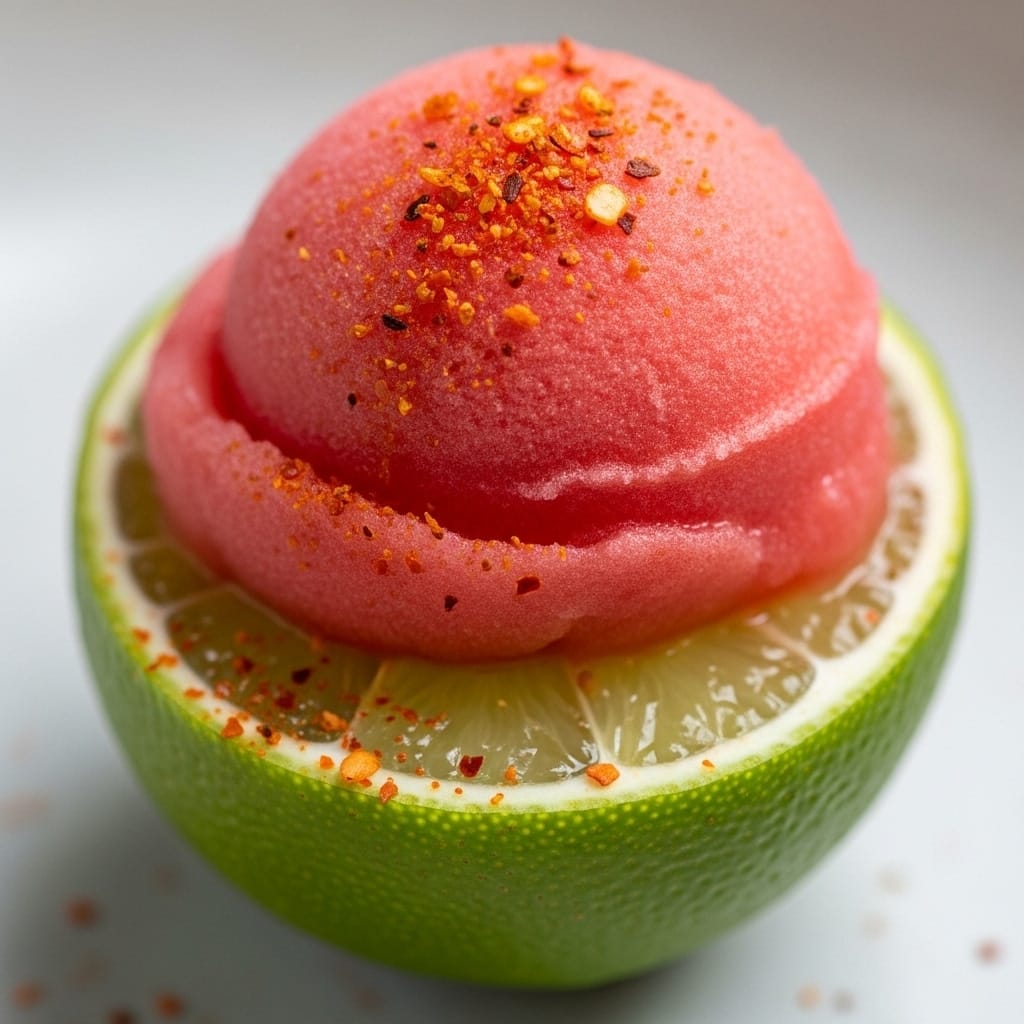 Watermelon sorbet served in lime cups with garnish