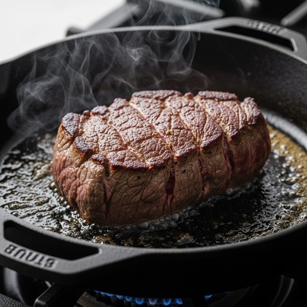 sous vide beef tenderloin searing in skillet