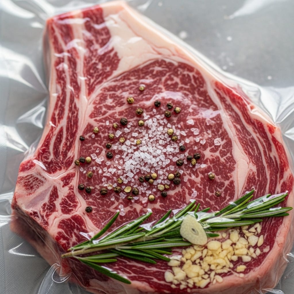 ribeye steak vacuum sealed with herbs