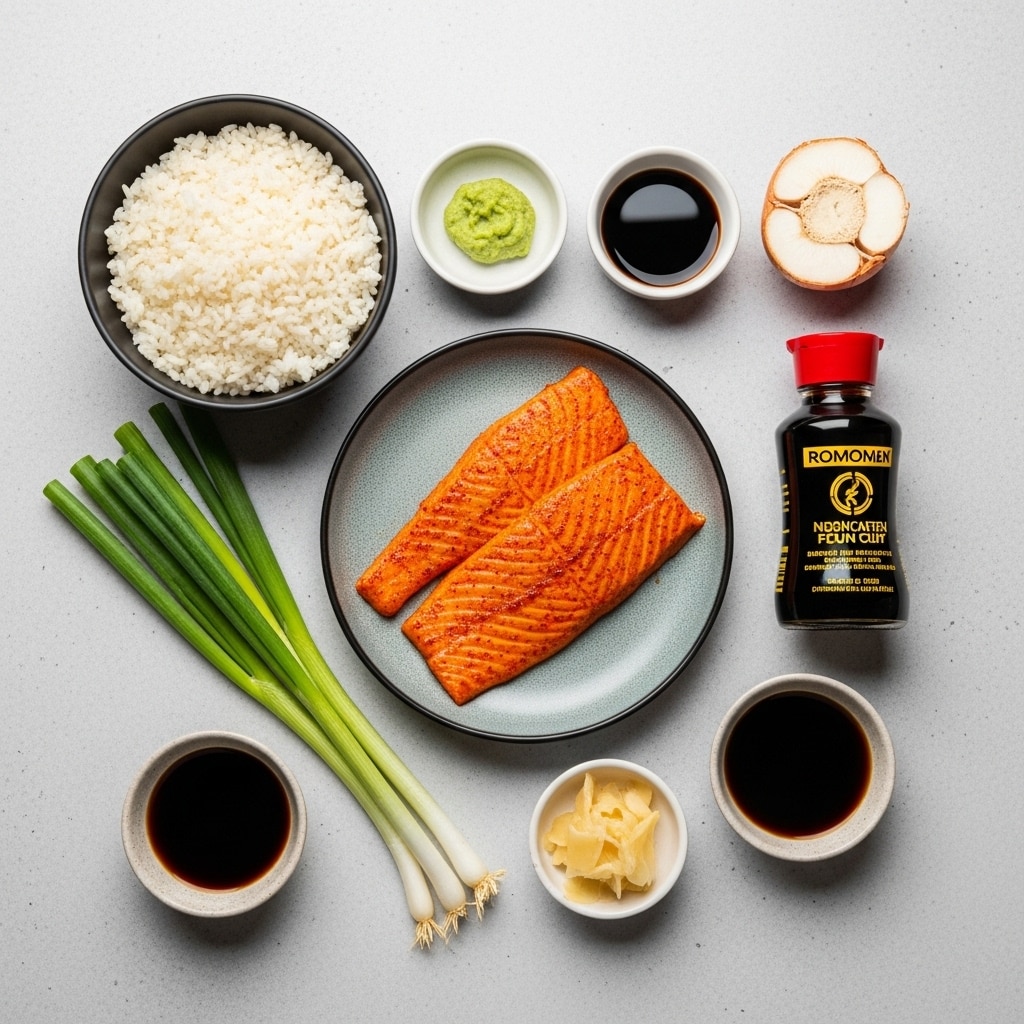 Spicy Salmon Crispy Rice Bites Ingredients Layout
