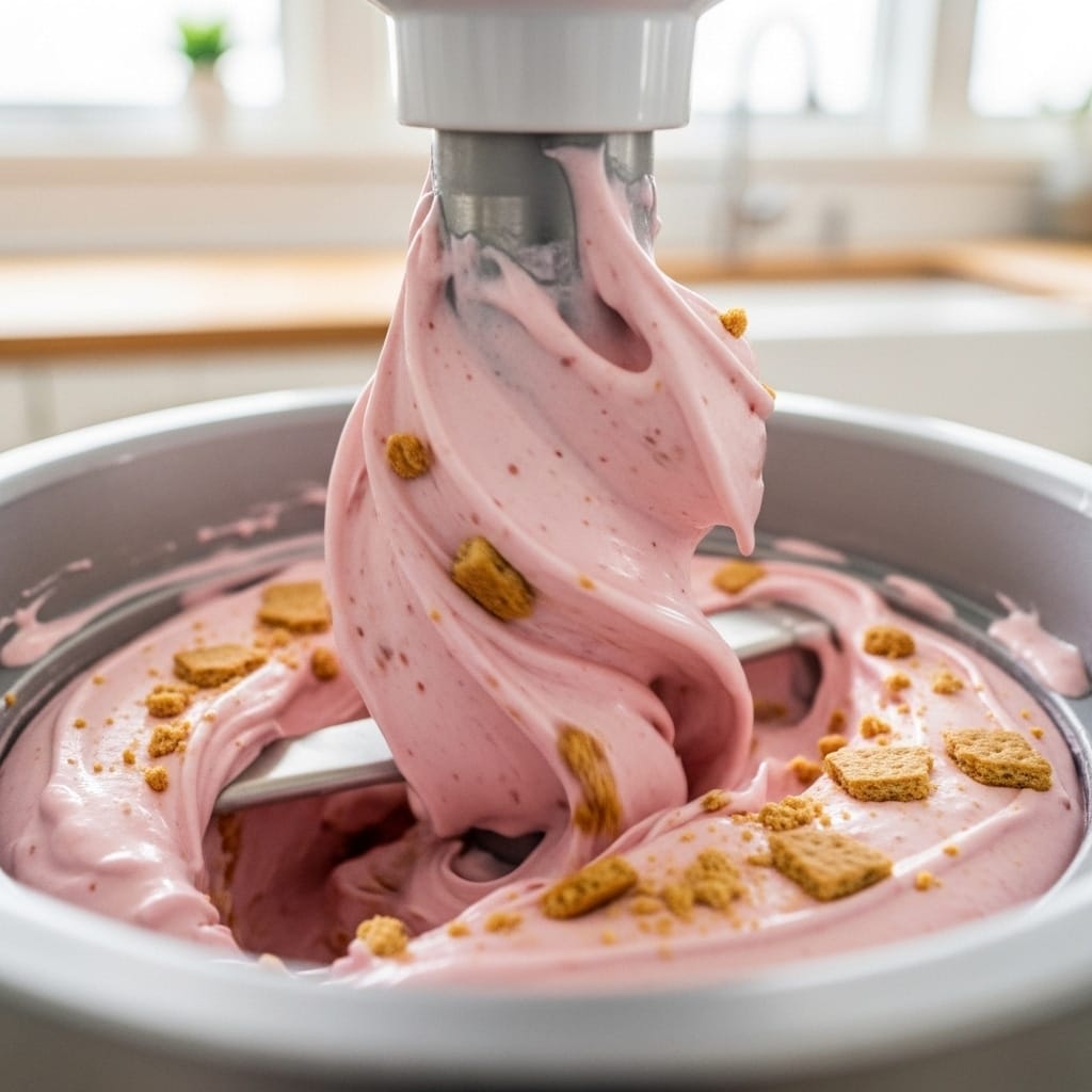 Strawberry cheesecake ice cream churning in machine