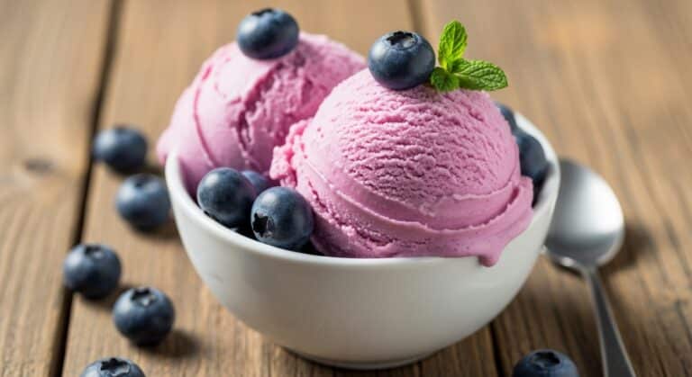 Homemade blueberry ice cream with fresh berries