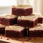 Red velvet brownies with cream cheese frosting on wooden board