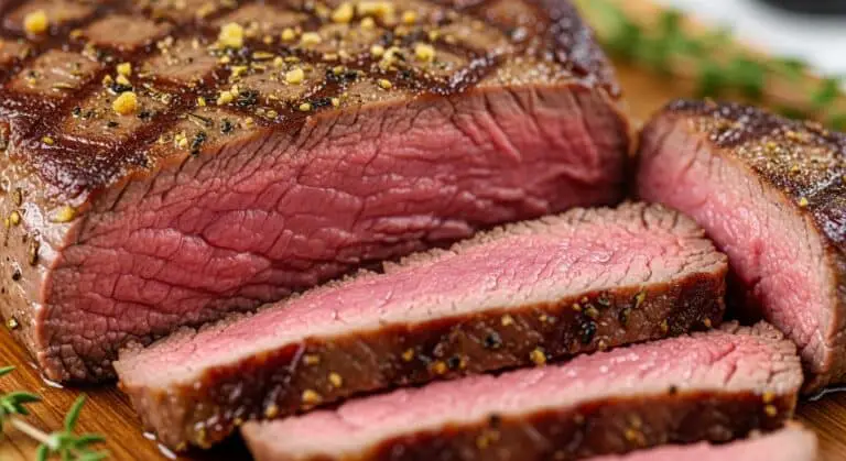 Perfectly cooked sous vide tri tip sliced medium rare on a cutting board