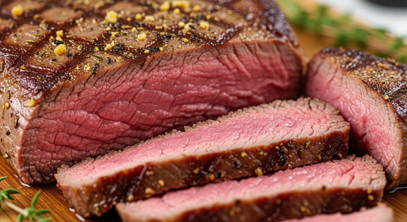 Perfectly cooked sous vide tri tip sliced medium rare on a cutting board