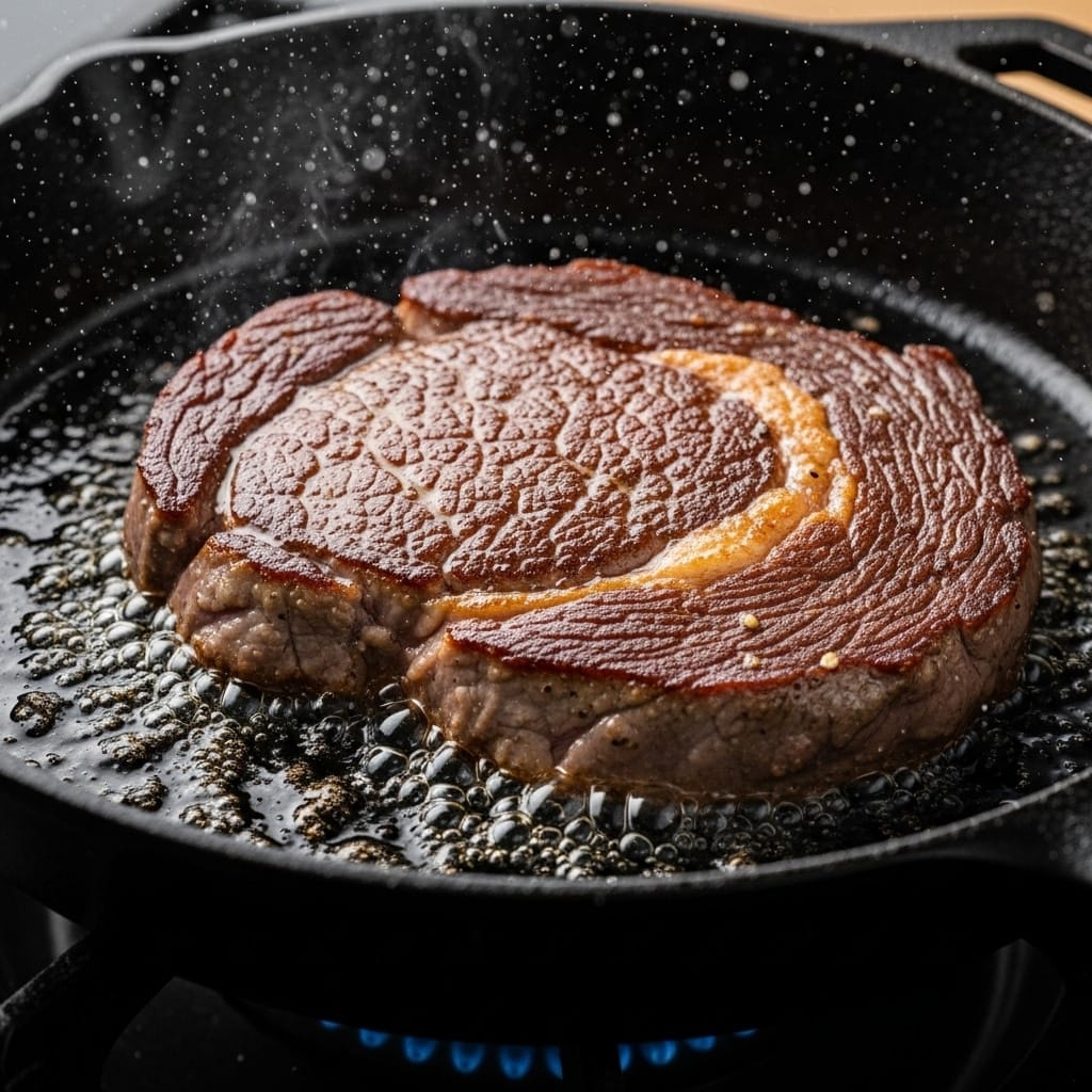 searing sous vide ribeye in cast iron skillet