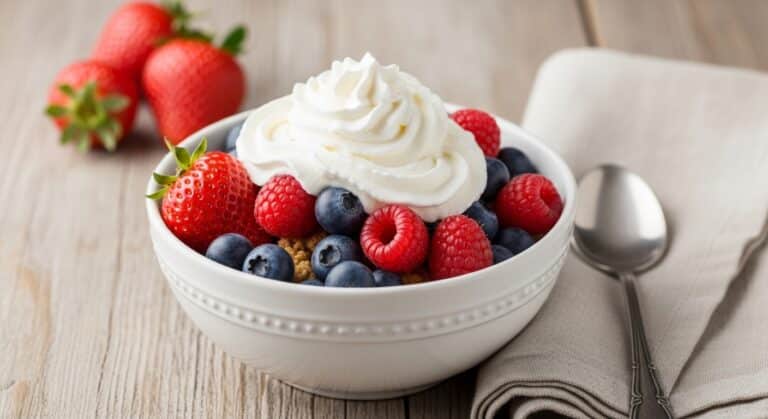 Fresh berries and cream dessert in a bowl