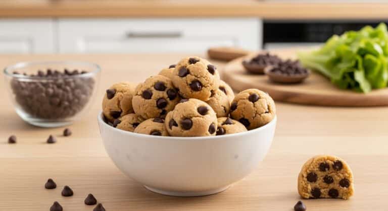 Homemade cookie dough bites with mini chocolate chips in a bowl