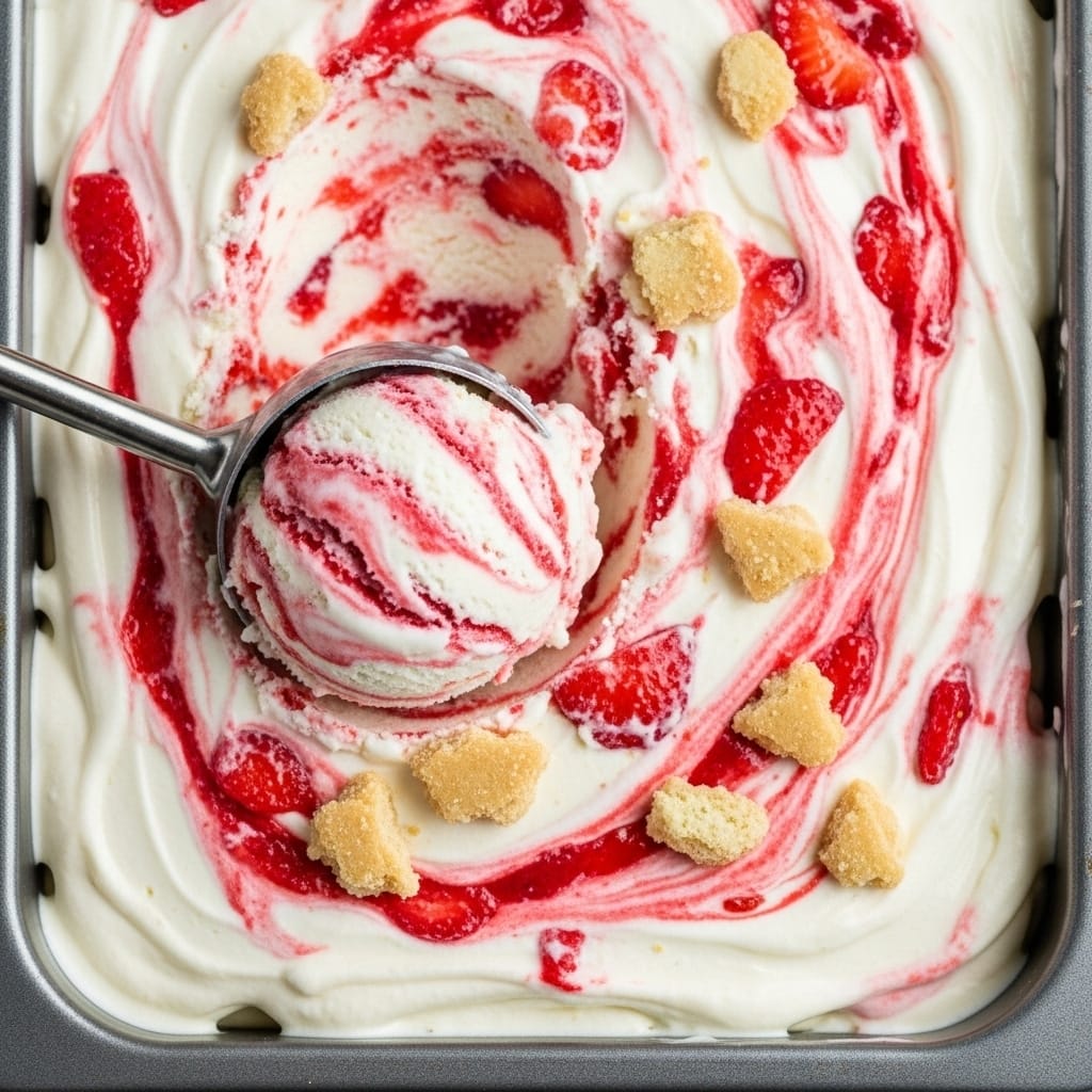 Strawberry cheesecake ice cream swirled in loaf pan