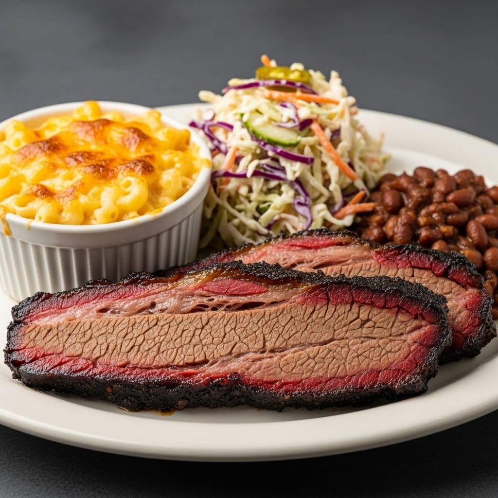 Sliced brisket served with southern side dishes