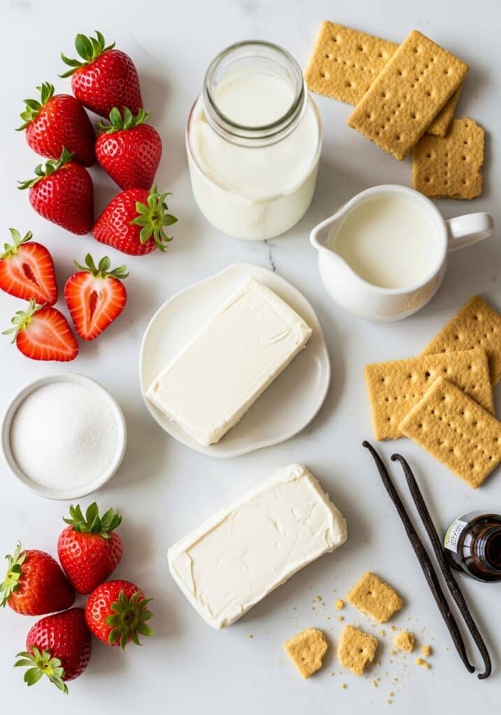 Ingredients for homemade strawberry cheesecake ice cream