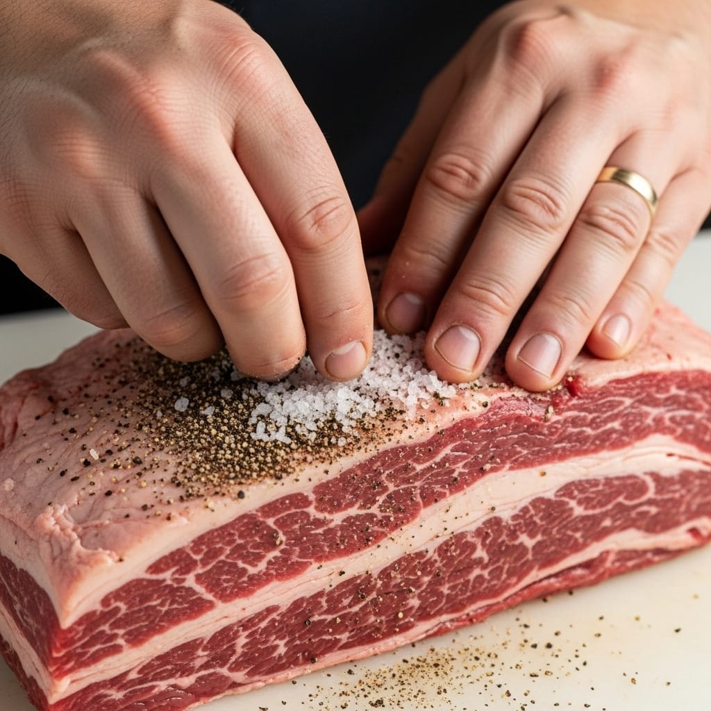 Seasoning brisket with salt and pepper for sous vide