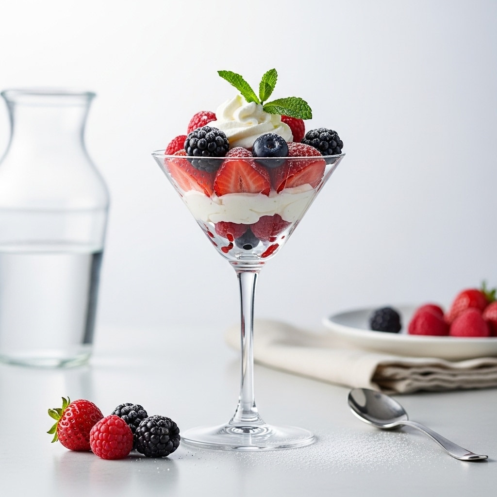 Berries and cream served in a martini glass with mint